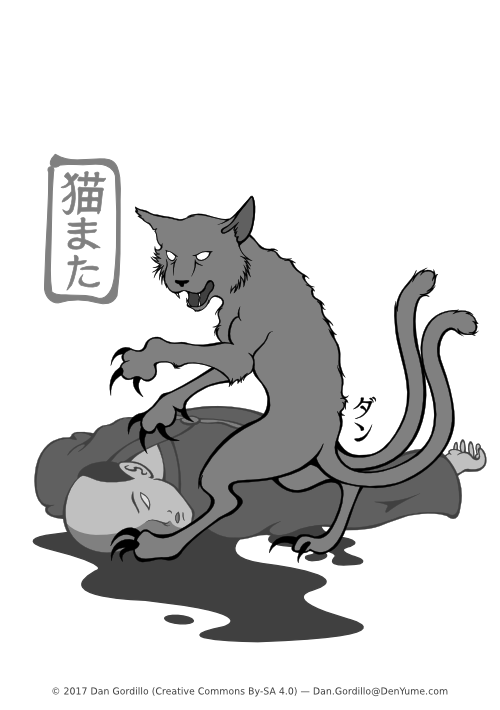 Un gato con dos colas y mirada maliciosa, casi demoniaca, está erguido sobre sus patas traseras en una pose que le da más aspecto de "monstruo". A sus pies yace un humano tendido sobre un charco de sangre, al que acaba de matar... y ahora te está mirando a ti...