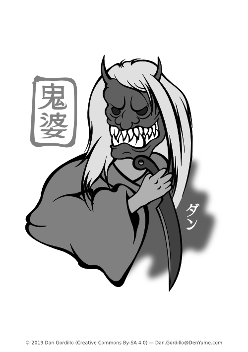 Plano medio de Onibaba vestida con un kimono sencillo y una máscara de demonio (que le da un aspecto similar a las Kijo tradicionales), en su mano empuña un cuchillo antiguo forjado en una sola pieza de hierro.
