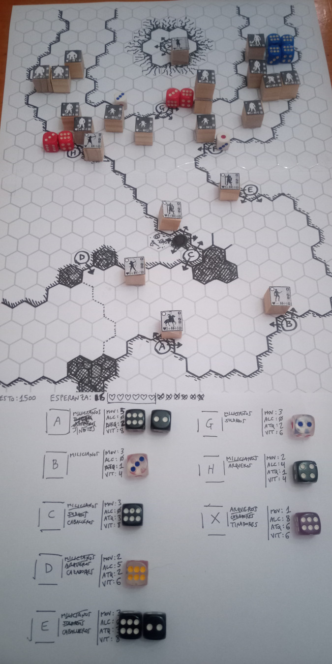 Un mapa hexagonal con caminos, obstáculos y emplazamientos dibujados a mano alzada. Sobre él, varias fichas de cubitos de madera representando las tropas defensoras e invasoras, y multitud de dados de 6 caras de diferentes colores usados como marcadores. Debajo, escrito a mano en una hoja aparte, están los perfiles de tropas defensoras.