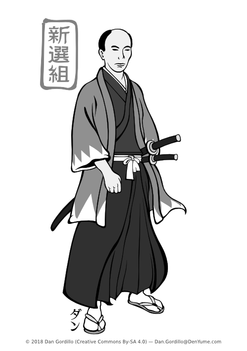 Okita Sôji era un hombre joven, de corta estatura, pómulos prominentes y cara aplanada, rasgo que se ve realzado por su frente rapada al estilo samurai. En esta imagen viste el uniforme característico del Shinsengumi, con kimono y pantalón hakama negros y chaqueta haori abierta de color azul celeste con triángulos blancos en la zona inferior y las mangas. En el cinto lleva enfundado su daishô, el conjunto de espada larga (una katana) y espada corta (una wakizashi).