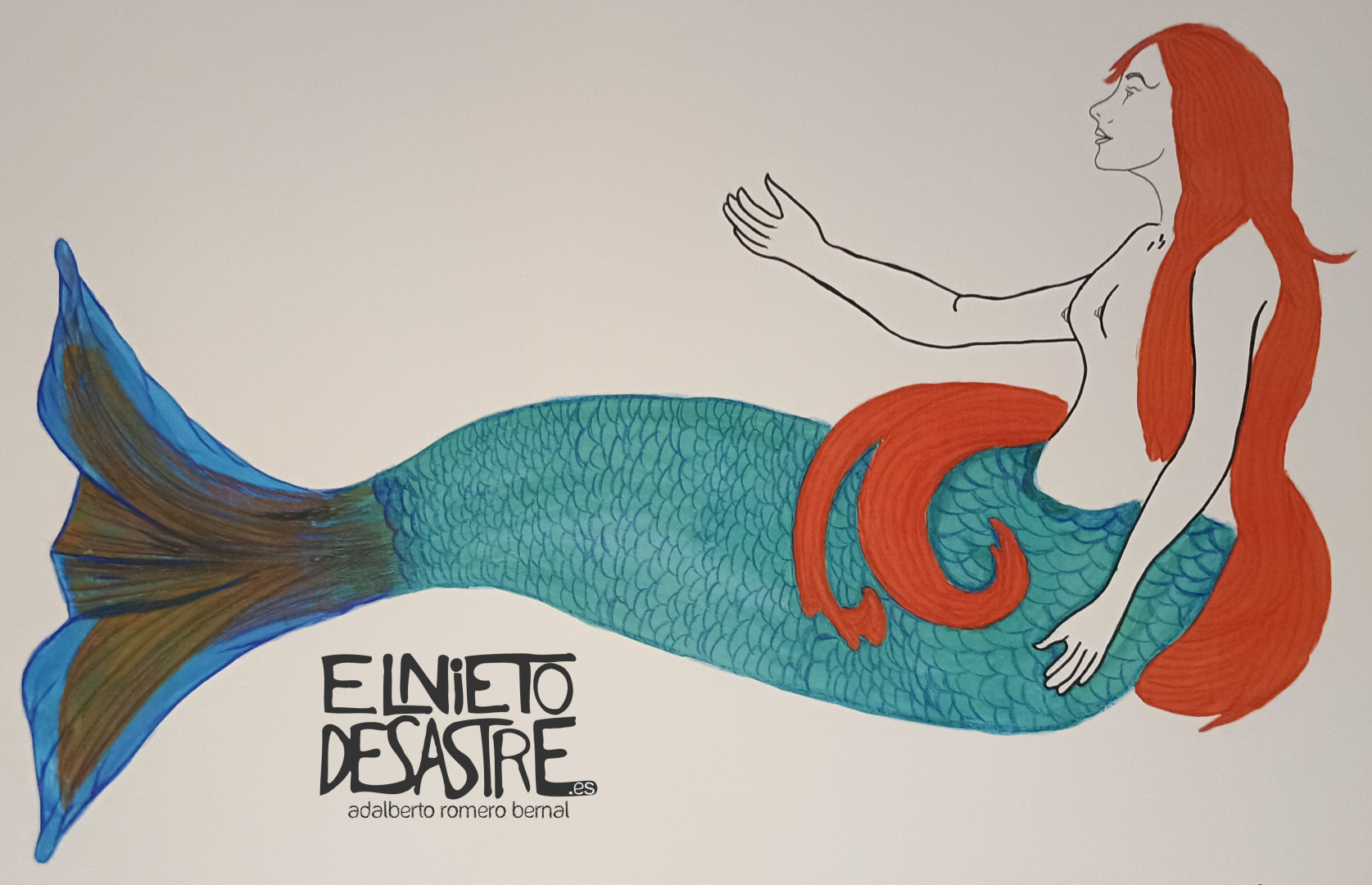 Ilustración de una sirena en tinta china y acrilicos